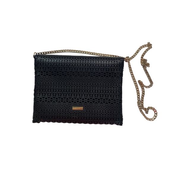 Aldo Crossbody Bag Black Envelope Floral Laser Cut Out Design Gold Chain Strap - Picture 1 of 11